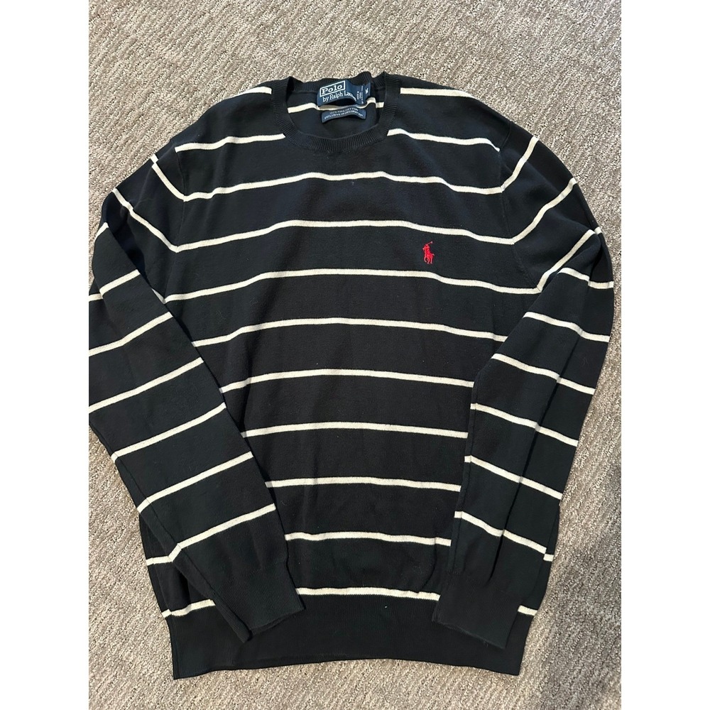 Polo Ralph Lauren Womens Pima Cotton Striped Crewneck Sweater Black White Medium